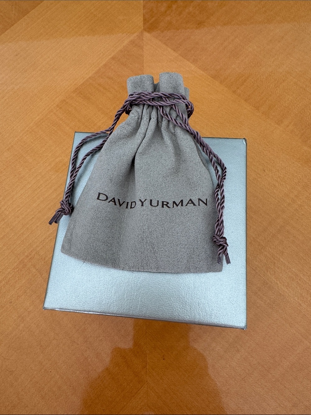 David Yurman gray drawstring pouch with purple cord